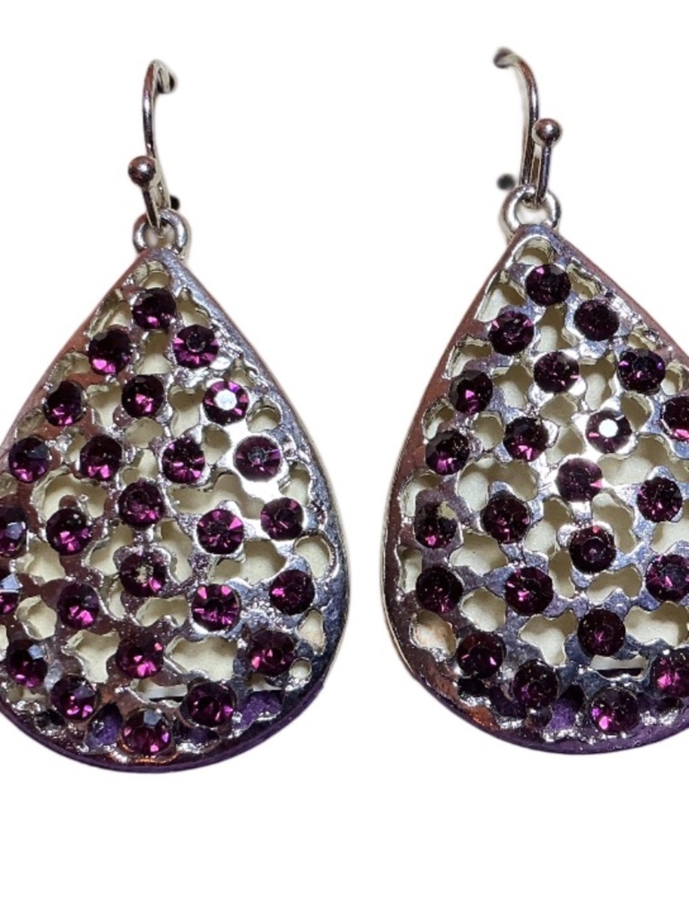 1928 Silver Tone Teardrop Earrings with Purple Rhinestones Filigree Dangle NWT